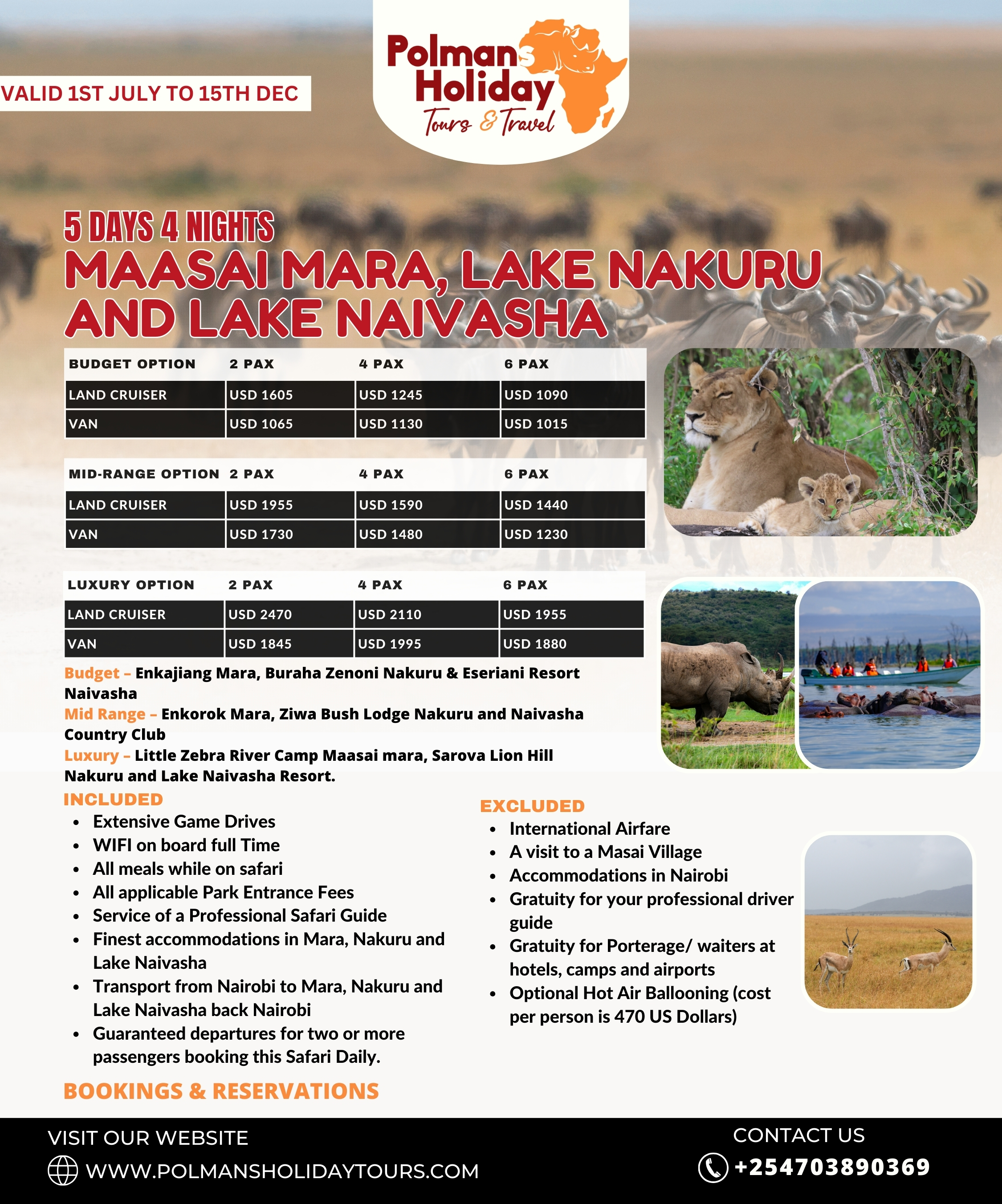 5 Days 4 Nights Mara, Nakuru, and Naivasha Private Tour by Polmans Holiday Tours and Travel